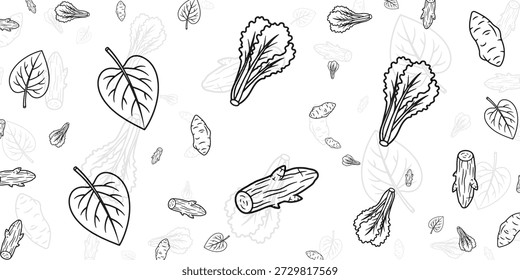 A black and white seamless pattern featuring various outlined natural elements like leaves, root vegetables, lettuce, and wood logs, creating a doodle-style background.