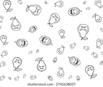 A black and white seamless pattern featuring numerous cartoonish, angry-faced pears and spiky fruits scattered across a white background, depicted in a spooky, Halloween-inspired line art style.