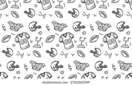 A black and white seamless pattern featuring hand-drawn American football equipment including helmets, jerseys, footballs, and goalposts. Perfect for sports branding, wallpaper, and textile design.