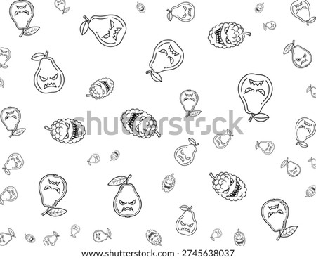 A black and white seamless pattern featuring numerous cartoonish, angry-faced pears and spiky fruits scattered across a white background, depicted in a spooky, Halloween-inspired line art style.