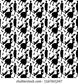 Black white seamless pattern with female silhouettes and shoes