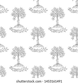 Black and white seamless pattern with a ficus with green leaves and roots, lettering. White background. Hand drawn style illustration. Vector.