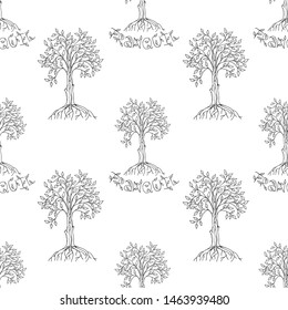 Black and white seamless pattern with a ficus with green leaves and roots, lettering. White background. Hand drawn style illustration. Vector.