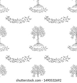 Black and white seamless pattern with a ficus with leaves and roots, lettering. White background. Hand drawn style illustration. Vector.