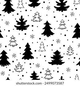 Black and white seamless pattern of firs or Christmas trees and snowflakes. Monochrome background, hand drawn sketch. Vector print for New year design, winter forest illustration.