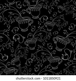 Black and white seamless pattern with fish and sea waves in the cups.