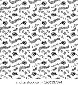 Schwarz-Weiß nahtlose Muster mit Fischen, Pflanzen und Muscheln. Square Vektorillustration Illustration der Unterwasserwelt.