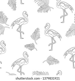 Black and white seamless pattern with  flamingos on white isolated background