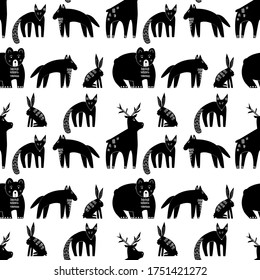 Black and white seamless pattern with flat forest animals. Cartoon monochrome vector illustration