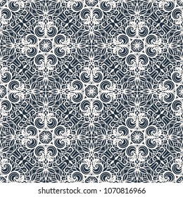 Black and white seamless pattern with floral and geometrical ornament in a retro style. Vector illustration