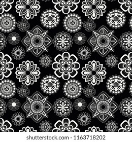 Black and white seamless pattern with floral element henna style. Textile, background, wrapper, packing.