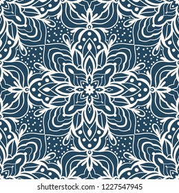 Black and white seamless pattern with floral and geometrical ornament in a retro style. Vector illustration