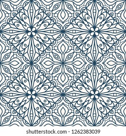 Black and white seamless pattern with floral and geometrical ornament in a retro style. Vector illustration