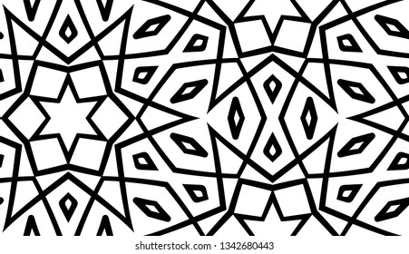 Black and white seamless pattern with floral and geometric tiled ornament