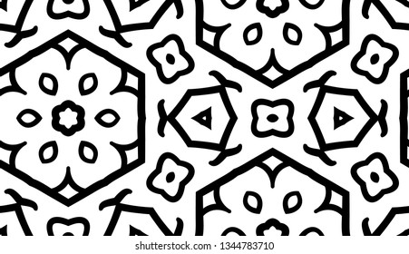 Black and white seamless pattern with floral and geometric tiled ornament