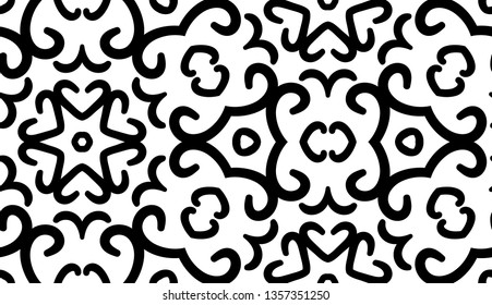 Black and white seamless pattern with floral and geometric tiled ornament