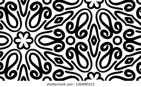 Black and white seamless pattern with floral and geometric tiled ornament