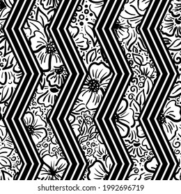 black and white seamless pattern with floral zigzag pattern. vector background picture