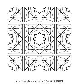 Black and white seamless pattern with floral and geometric tile motifs, clean line art style on white background. Concept of ornamental decoration. Vector illustration