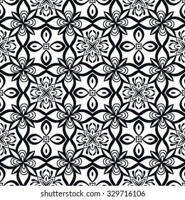 Black and white seamless pattern, floral geometric ornament, tribal ethnic arabic indian motif. Hand drawn abstract sketchy background. Repeating fabric texture