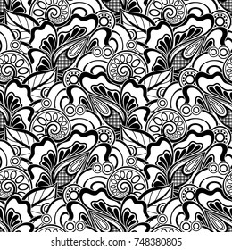 Black and White Seamless Pattern with Floral Motifs. Endless Texture with Flowers, Leaves and Swirl. Natural Background in Doodle Style. Template for Pressured Printing. Vector Contour Illustration