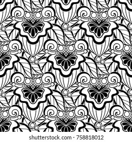 Black and White Seamless Pattern with Floral Motifs. Endless Texture with Flowers, Leaves and Swirl. Natural Background in Doodle Style. Template for Pressured Printing. Vector Contour Illustration