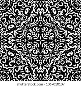 Black and white seamless pattern with flourishes, monochrome intricate background. Tribal ethnic ornament, decorative repeating texture endless tile, eastern exquisite style wallpaper or texture.