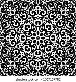 Black and white seamless pattern with flourishes, monochrome intricate background. Tribal ethnic ornament, decorative repeating texture endless tile, eastern exquisite style wallpaper or texture.