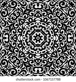 Black and white seamless pattern with flourishes, monochrome intricate background. Tribal ethnic ornament, decorative repeating texture endless tile, eastern exquisite style wallpaper or texture.