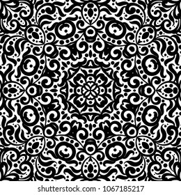 Black and white seamless pattern with flourishes, monochrome intricate background. Tribal ethnic ornament, decorative repeating texture endless tile, eastern exquisite style wallpaper or texture.