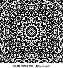 Black and white seamless pattern with flourishes, monochrome intricate background. Tribal ethnic ornament, decorative repeating texture endless tile, eastern exquisite style wallpaper or texture.