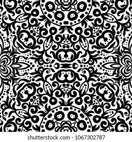 Black and white seamless pattern with flourishes, monochrome intricate background. Tribal ethnic ornament, decorative repeating texture endless tile, eastern exquisite style wallpaper or texture.