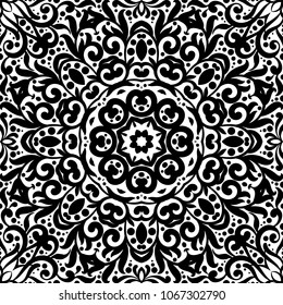 Black and white seamless pattern with flourishes, monochrome intricate background. Tribal ethnic ornament, decorative repeating texture endless tile, eastern exquisite style wallpaper or texture.