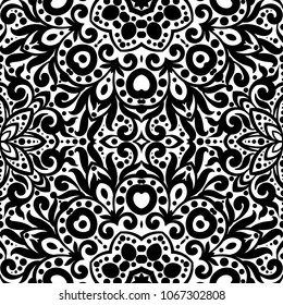 Black and white seamless pattern with flourishes, monochrome intricate background. Tribal ethnic ornament, decorative repeating texture endless tile, eastern exquisite style wallpaper or texture.
