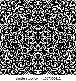 Black and white seamless pattern with flourishes, monochrome intricate background. Tribal ethnic ornament, decorative repeating texture endless tile, eastern exquisite style wallpaper or texture.