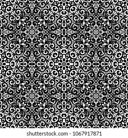 Black and white seamless pattern with flourishes, monochrome intricate background. Tribal ethnic ornament, decorative repeating texture endless tile, eastern exquisite style wallpaper or texture.