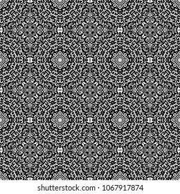 Black and white seamless pattern with flourishes, monochrome intricate background. Tribal ethnic ornament, decorative repeating texture endless tile, eastern exquisite style wallpaper or texture.