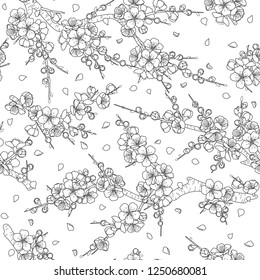 Black and white seamless pattern with flowering tree branches. Endless texture decoration with line monochrome flowers and flying petals. Vector outlined illustration.