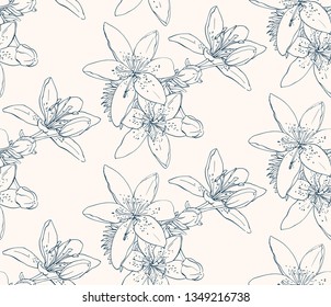 Black and white seamless pattern with flowers. Tiger lilies.  Vector illustration