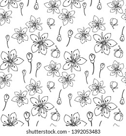 Black and white seamless pattern. Pattern with flowers and buds. Sakura flowers. Contour drawing of cherry flowers. For design and decoration of fabric, paper, packaging, Wallpaper.