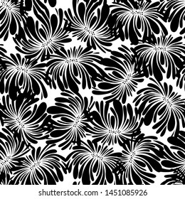 Black and white seamless pattern with flowers. Dark floral on white backgound. Decorative print with plants