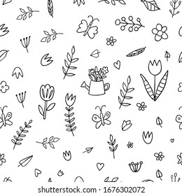 Black and white seamless pattern with flowers, watering cans, bouquets, leaves, butterflies, branches, plants. Spring doodle illustration