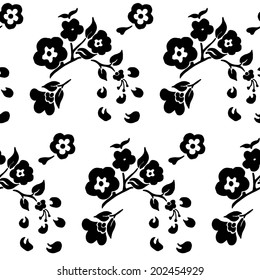 black and white seamless pattern of flowers and leaves of cherry