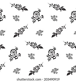 black and white seamless pattern of flowers and swirls. decorative hand-painted. 