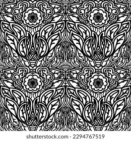 Black and white seamless pattern with flowers, leaves, paisley elements. Hand-drawn design inspired by the Zentangle. Vector illustration