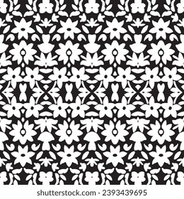 Black and white seamless pattern flowers, Seamless folk wallpaper tile. White and black ornament for fabric, wallpaper, packaging. Ornate flower ornament