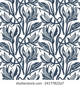 Black and white seamless pattern with flowers.  Vector illustration