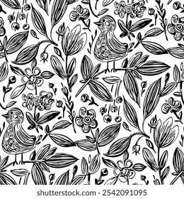 Patrón sin fisuras en blanco y negro con flores.  Ilustración vectorial