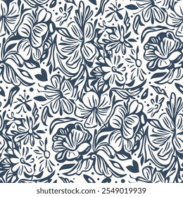 Schwarz-weißes, nahtloses Muster mit Blumen.  Vektorgrafik