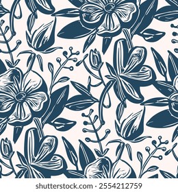 Black and white seamless pattern with flowers.  Vector illustration